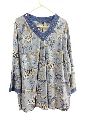 Westbound Woman 2X Blue Floral Cotton Tunic Jeweled Neckline 3/4 Sleeve